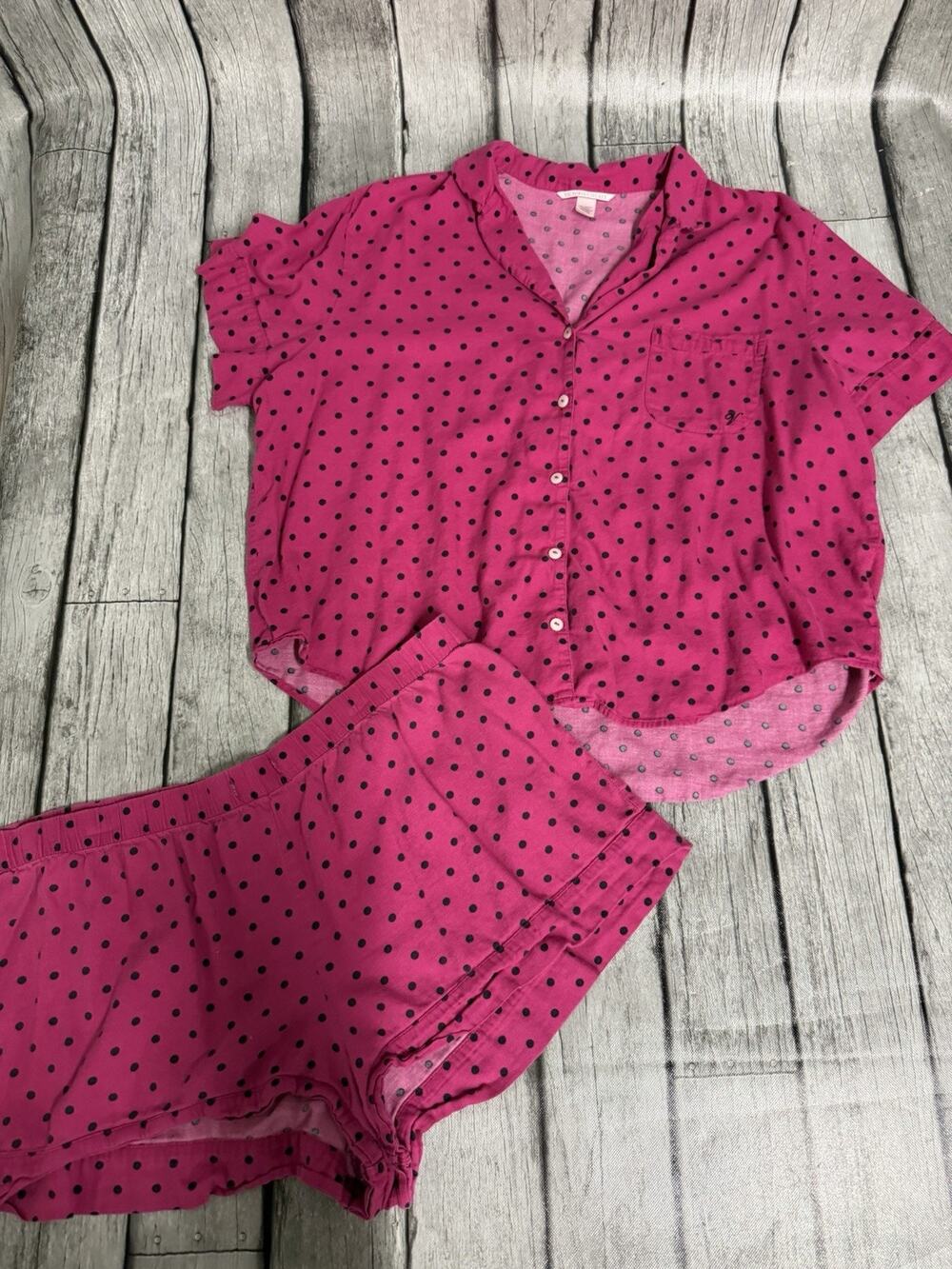 Victorias Secret Pajamas Set Button Top & Shorts Pink With Polka Dots Sz XL